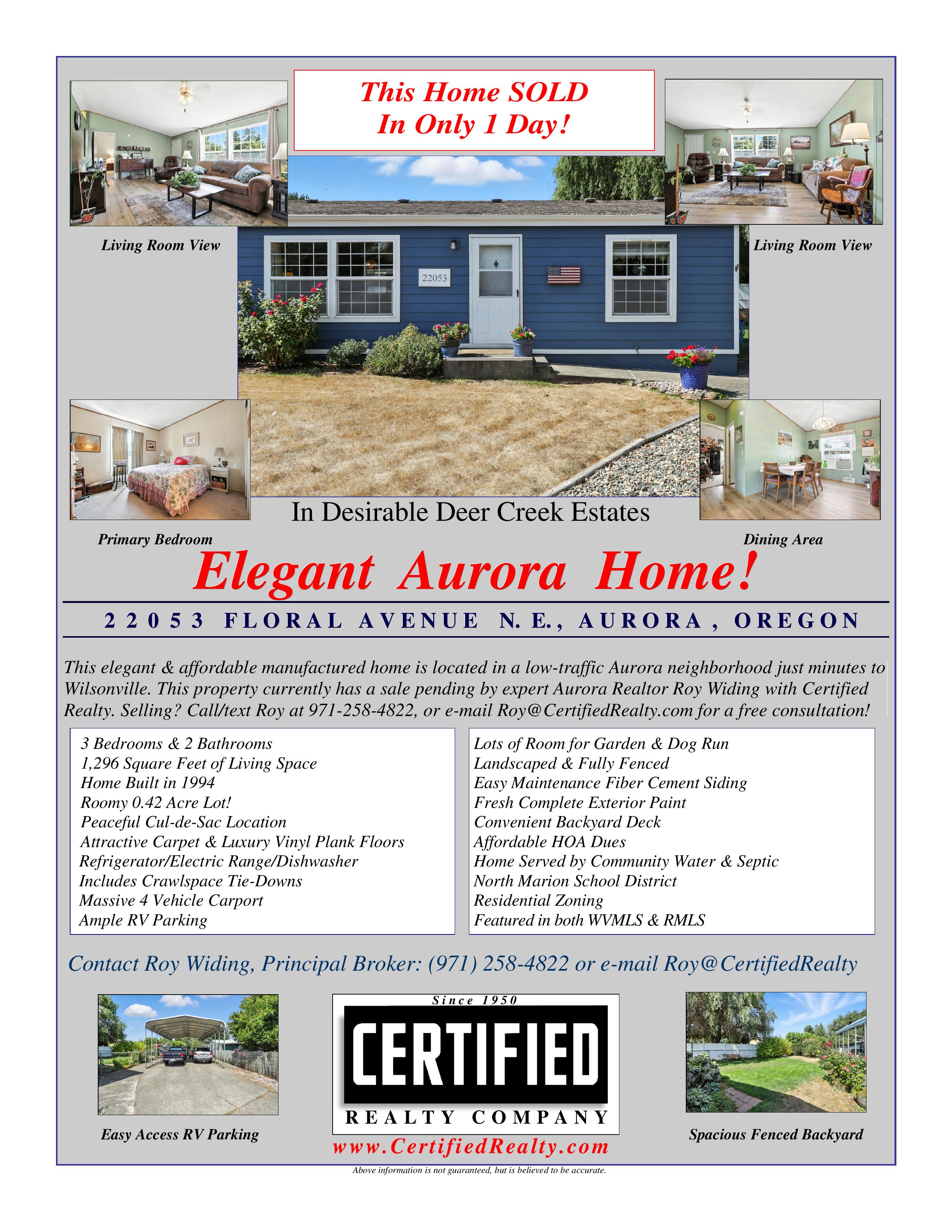 Sold Aurora Oregon Home